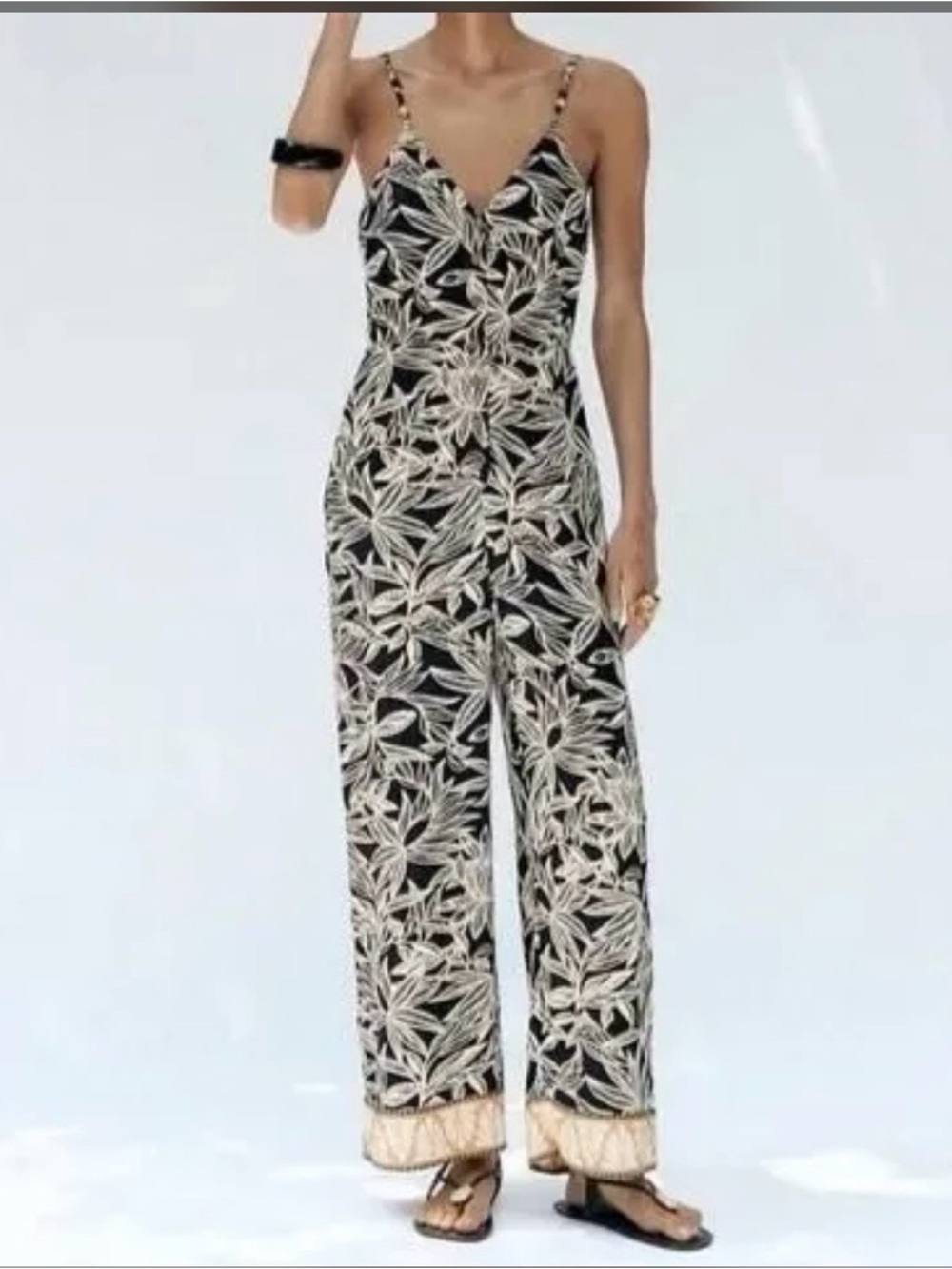 Zara Black Leaf Print Spaghetti Strap Jumpsuit with Bead Accents